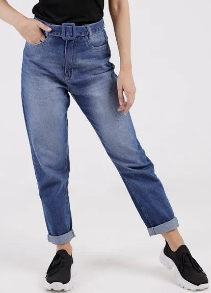 Calça Jeans Mom Com Cinto Feminina Azul