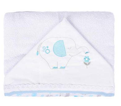 Toalha Banho Bebê com Capuz Masculino Branco e Azul Bichinhos - Fisher Price