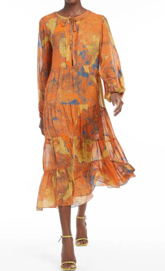Vestido de georgette midi amplo com manga comprida estampado